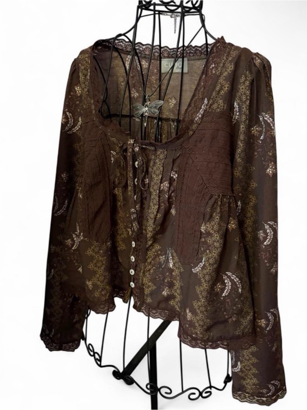 Women’s Brown Printed Lace-Trim Peasant Blouse